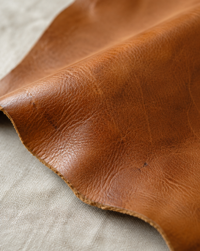 Gros plan sur du cuir de vachette véritable, grain naturel
